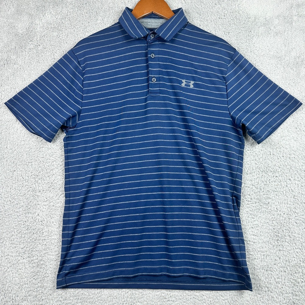 Under Armour Playoff Polo Mens Medium Navy Blue Striped HeatGear Golf Shirt